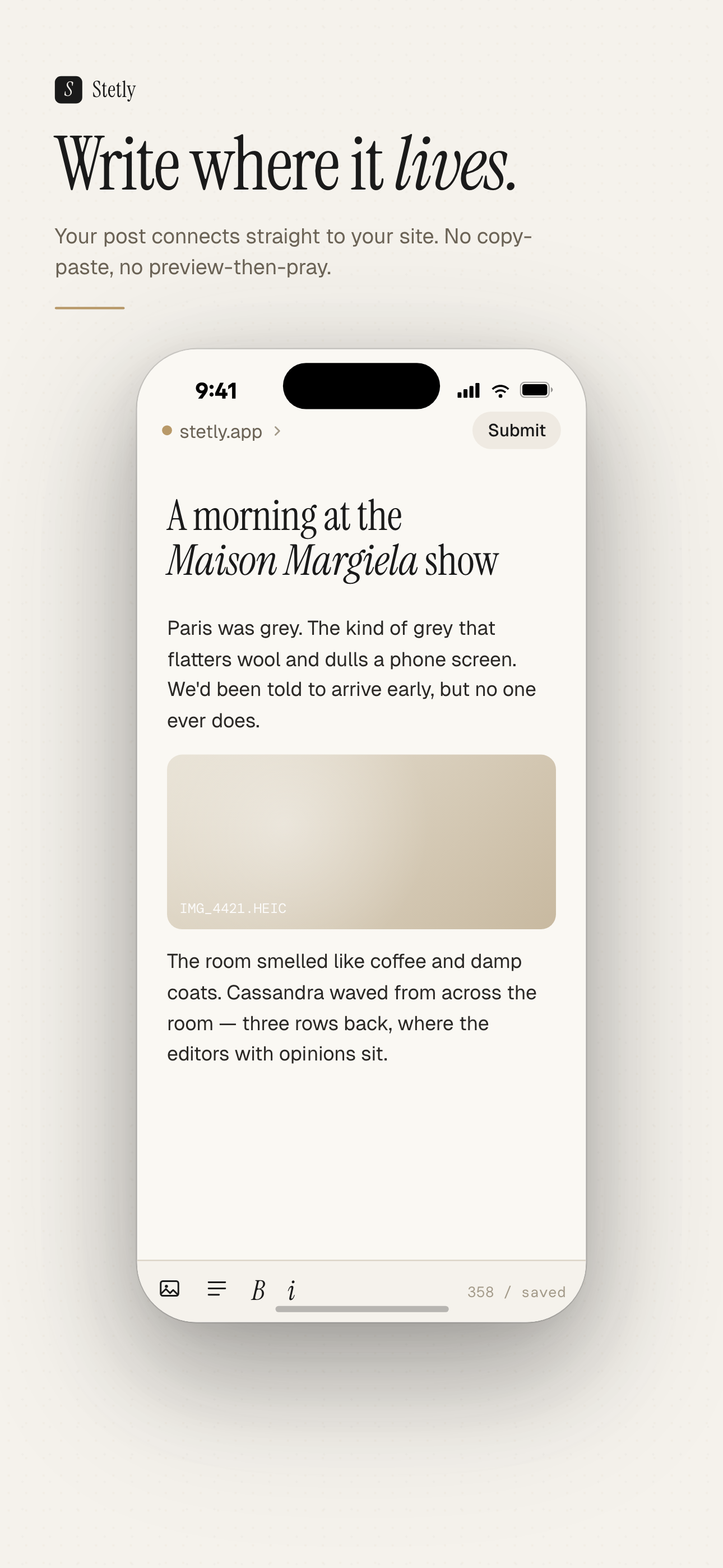 The Stetly editor with a draft post in progress