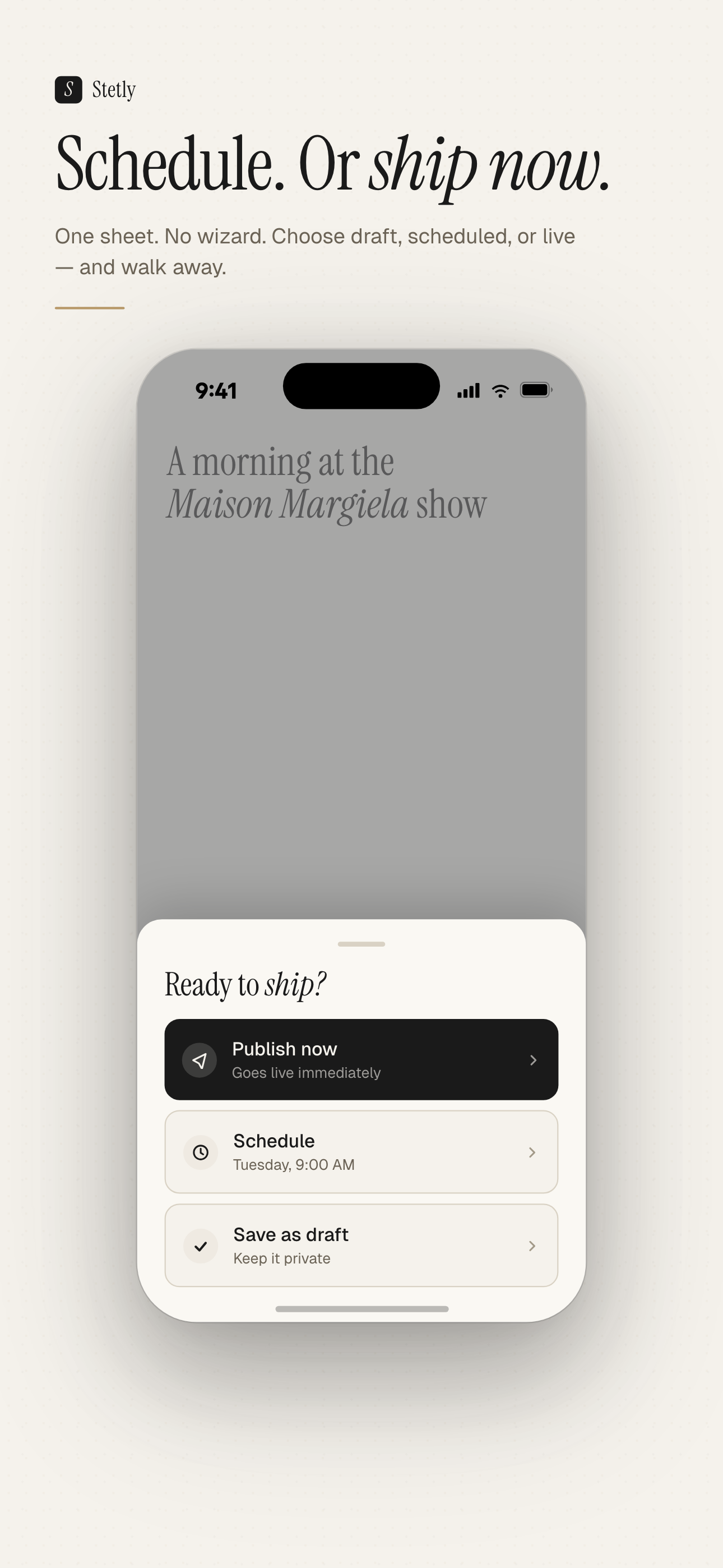 The publish sheet with scheduling options